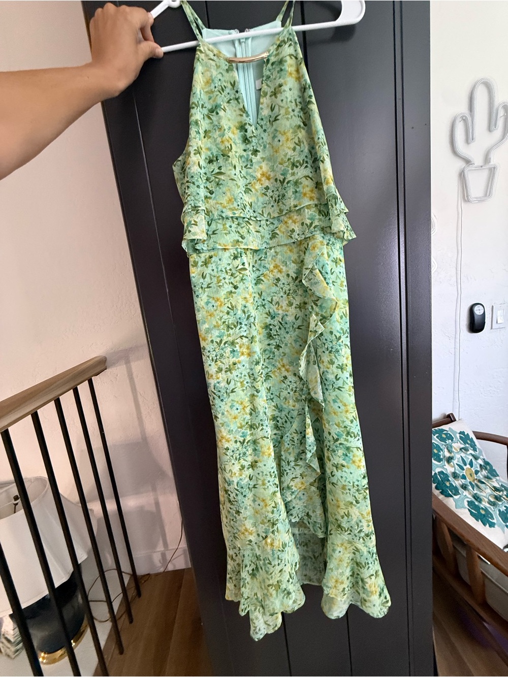 Kensie Floral Ruffle Halter Maxi Dress - Green